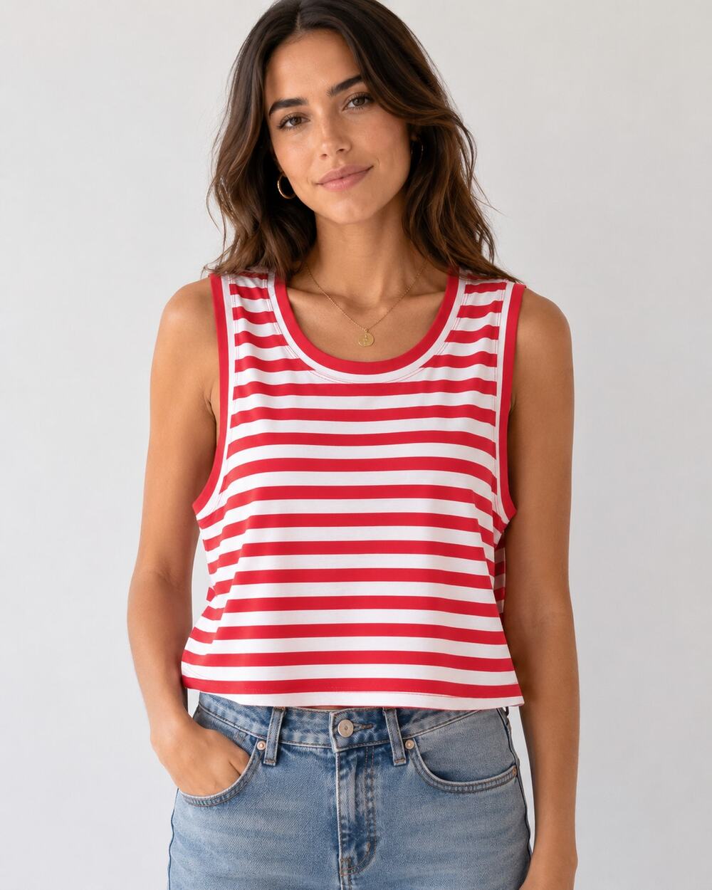 Maeve by Anthropologie SZ L Cropped Striped Tank Bright Red/White